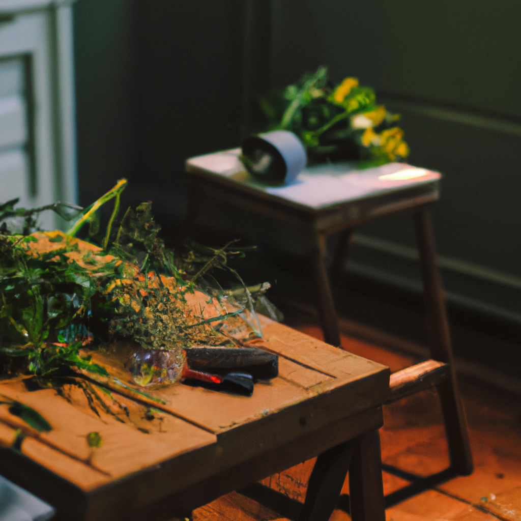 Bancada elegante de florista com folhagens, ferramentas e luz natural suave